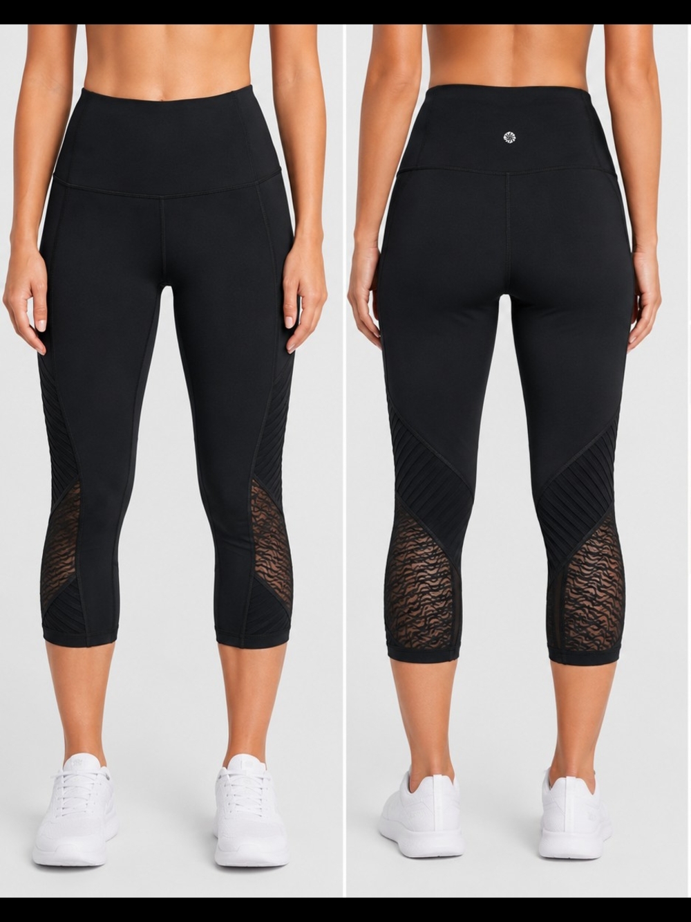 Athleta Black High-Rise Capri Leggings with Lace Mesh Panels